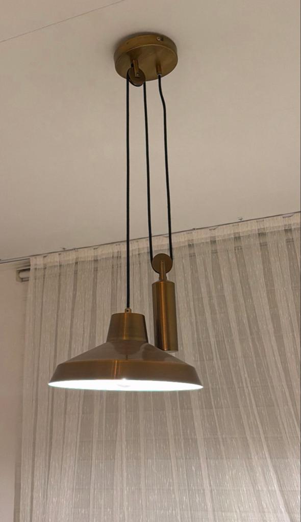 Vintage hanglamp met katrol - Brons/Goud en  tafellampen, Ophalen of Verzenden, Zo goed als nieuw, Metaal, 75 cm of meer
