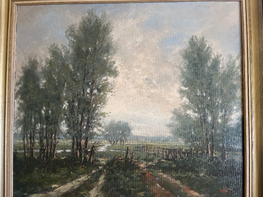Schilderij P.J. van Berkel - Hollands Landschap, Ophalen, Doek, Realistisch, Landschap