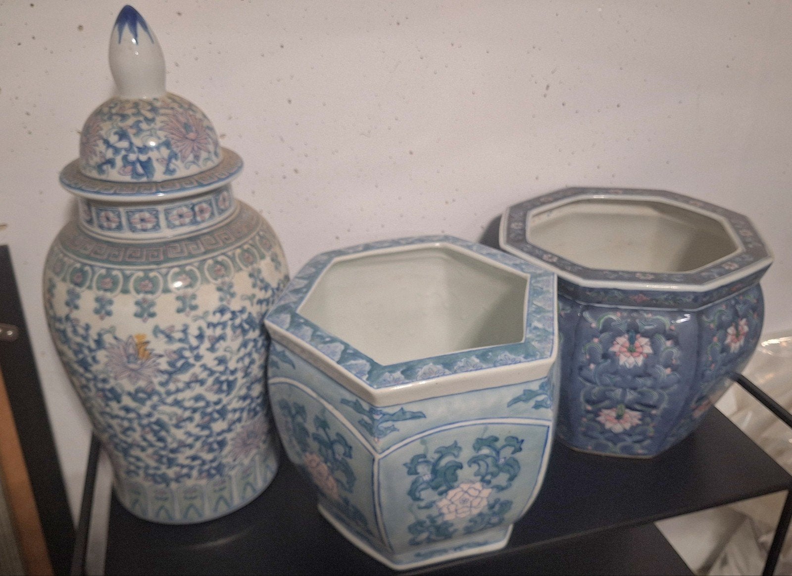 Set van 3 Chinese vazen en bloempotten, blauw-wit, Ophalen