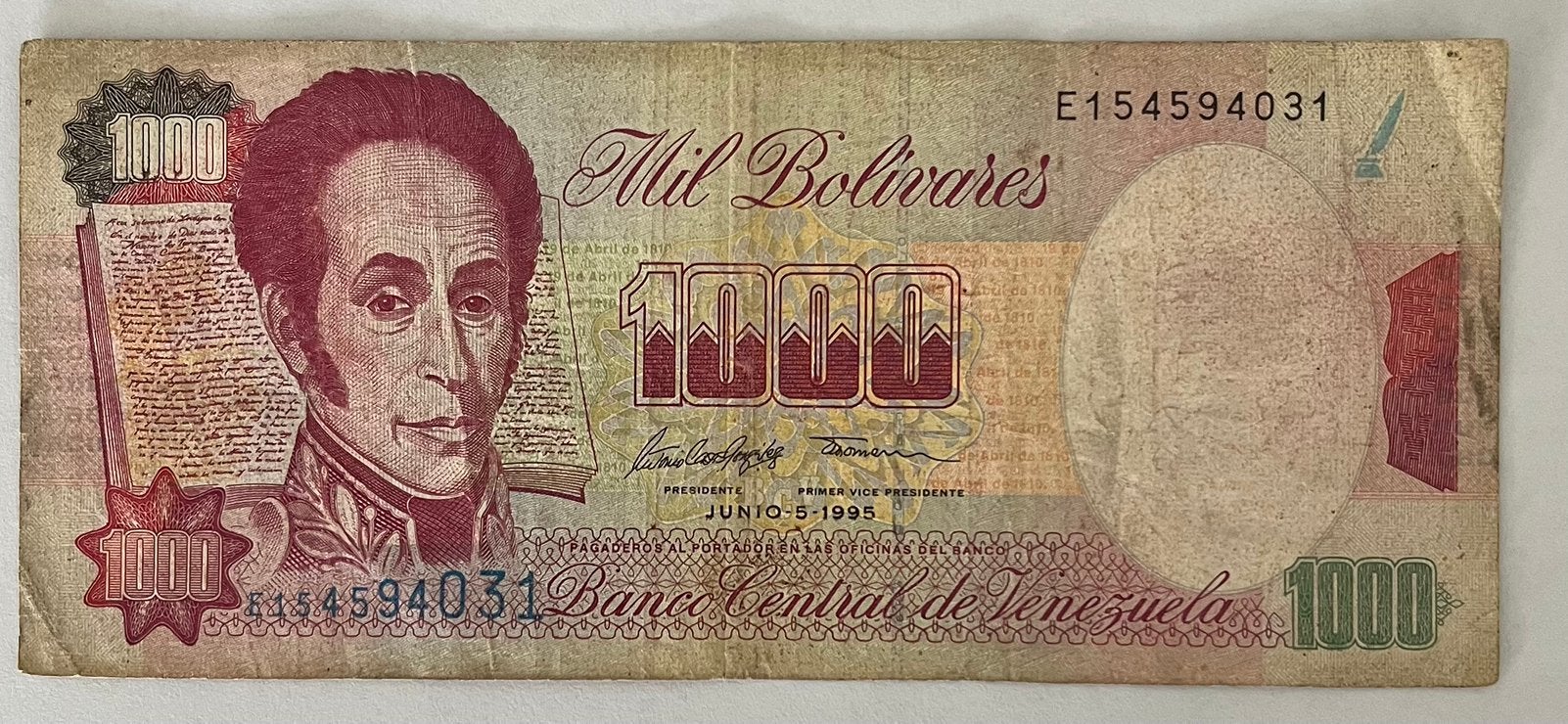 Venezuela 1.000 Bolivares 1995 gebruikte staat, Verzenden, Zuid-Amerika, Los biljet