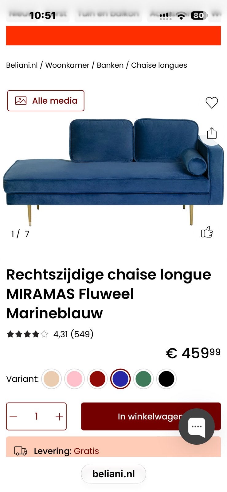 2 chaise longues van Beliani blauw velour, Ophalen, Gebruikt, Minder dan 75 cm, Tweepersoons