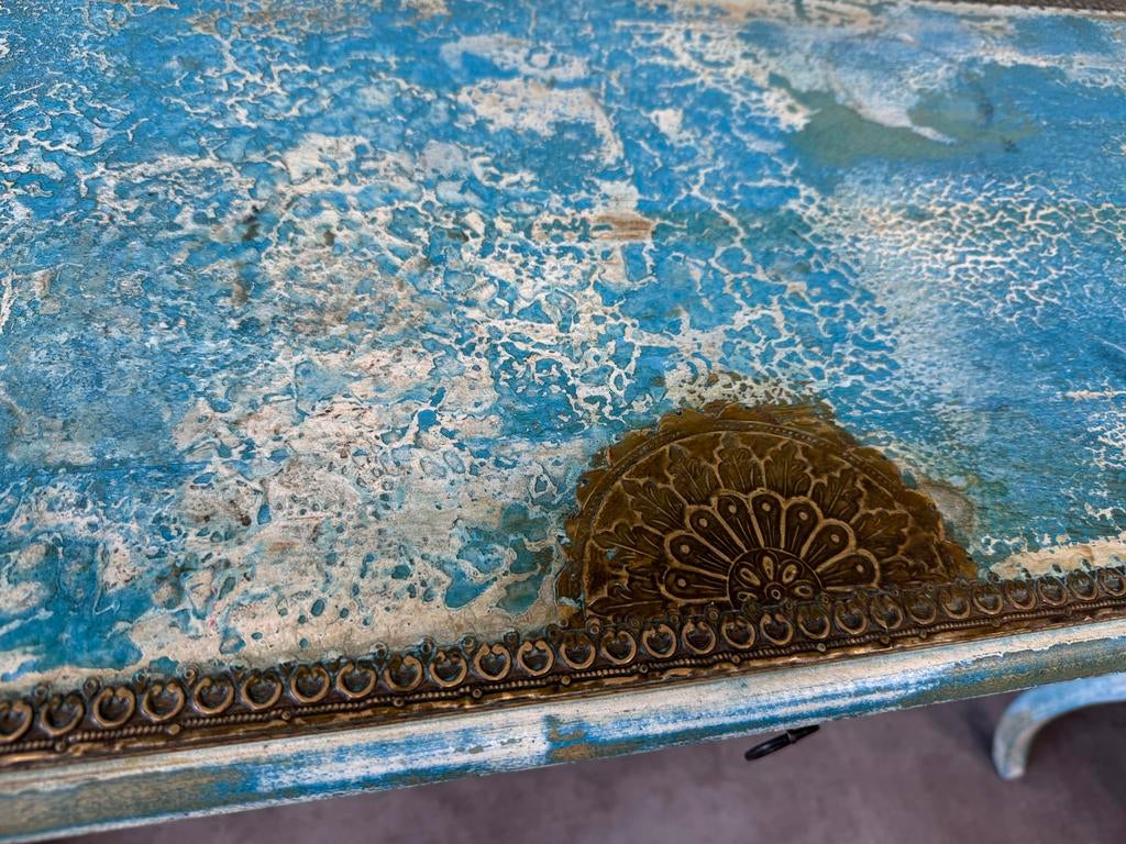 Prachtige turquoise sidetable - 120x40x77 cm, Gebruikt, 100 tot 150 cm, Ophalen of Verzenden, Overige houtsoorten