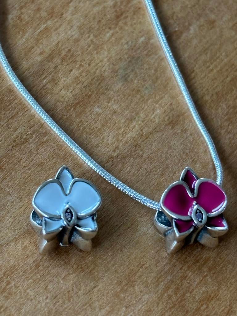 Nieuwe Zilveren Orchidee Bedel met Verzilverde Ketting, Sieraden, Tassen en Uiterlijk, Kettingen, Verzenden, Nieuw, Zilver, Met hanger