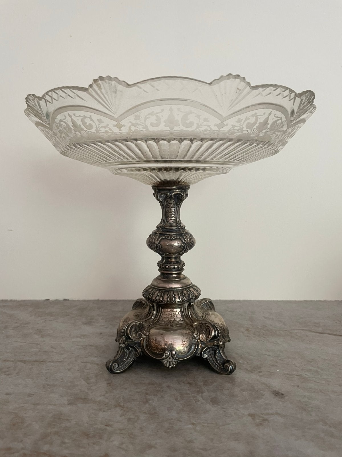 Antieke Verzilverde Tazza  met Kristallen Schaal (ca. 1900), Antiek en Kunst, Ophalen of Verzenden