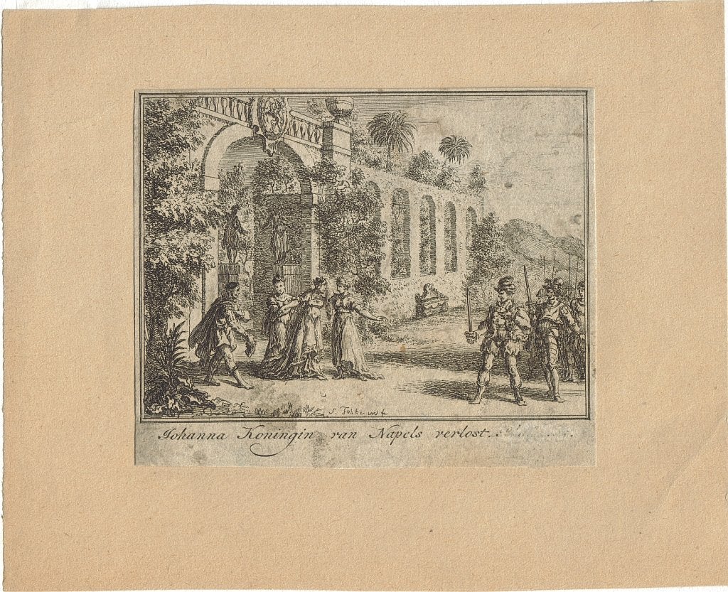 Simon Fokke ets "Johanna Koningin van Napels Verlost", Antiek en Kunst, Kunst | Etsen en Gravures, Ophalen, Ets, Militair, Origineel