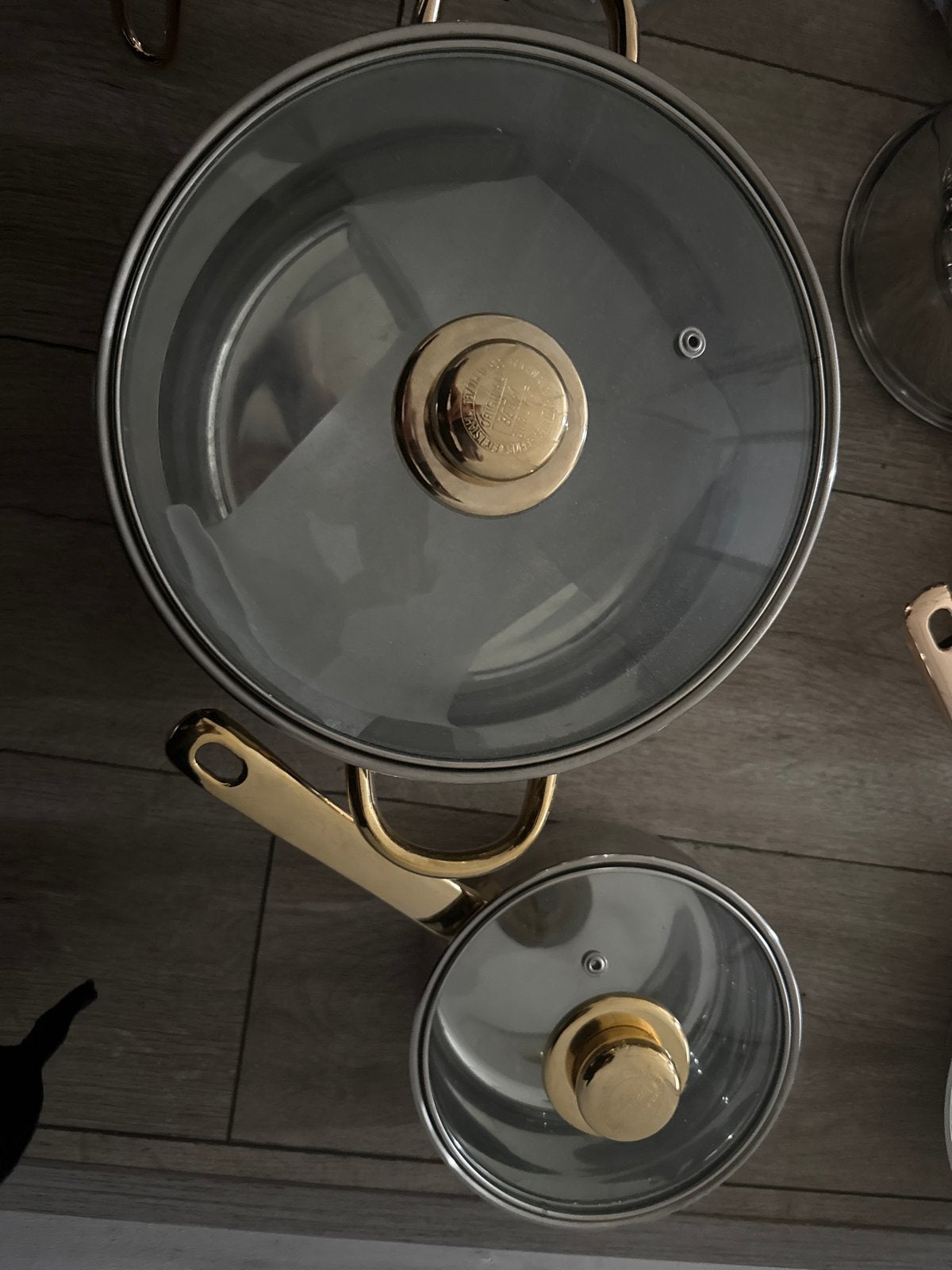 Reem Pannenset - RVS met gouden accenten en glazen deksels, Met deksel, Nieuw, Pannenset, Ophalen of Verzenden
