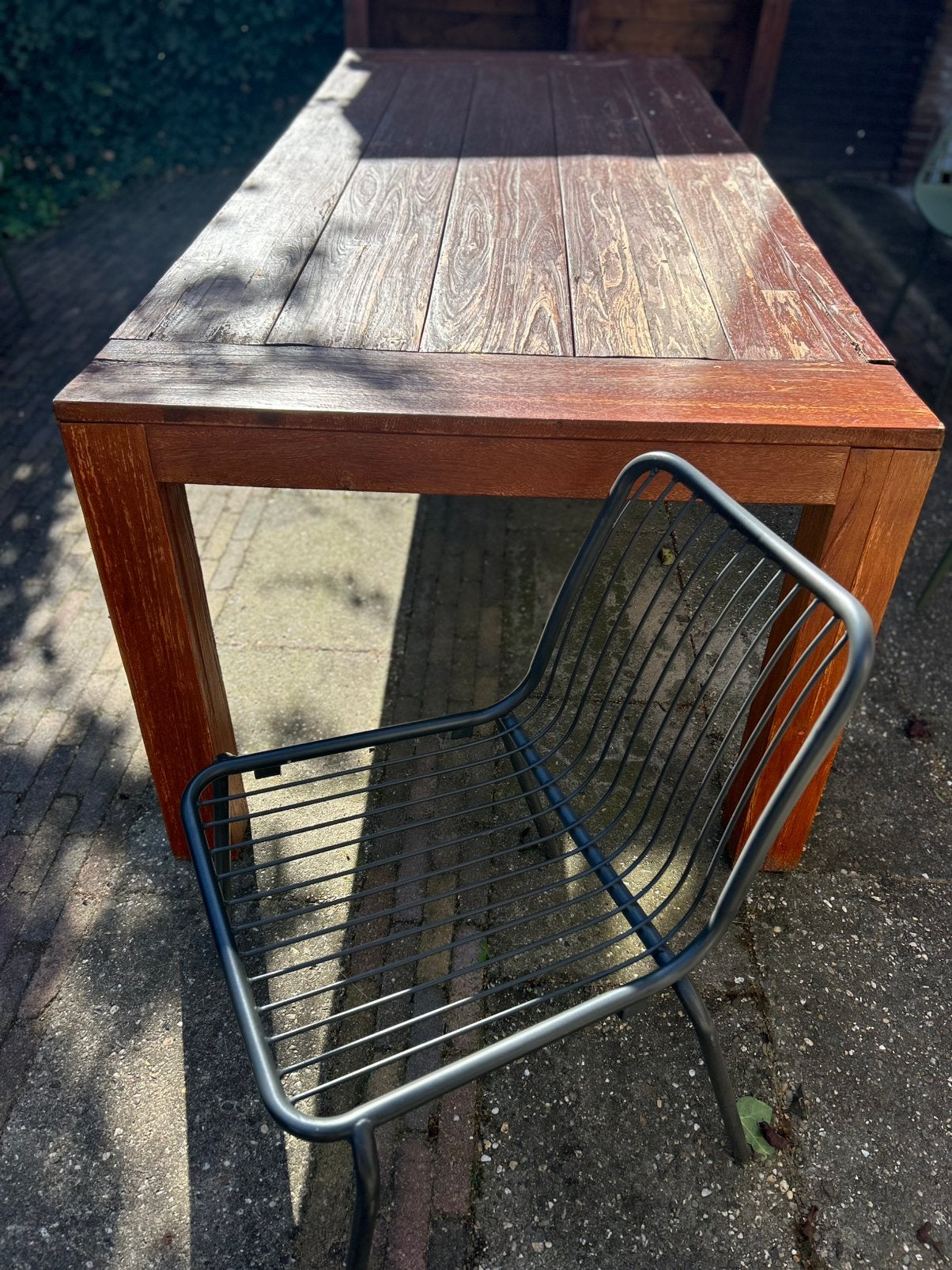 Massief houten tuintafel + stoelen, Ophalen of Verzenden, Zo goed als nieuw, Rechthoekig, Hout
