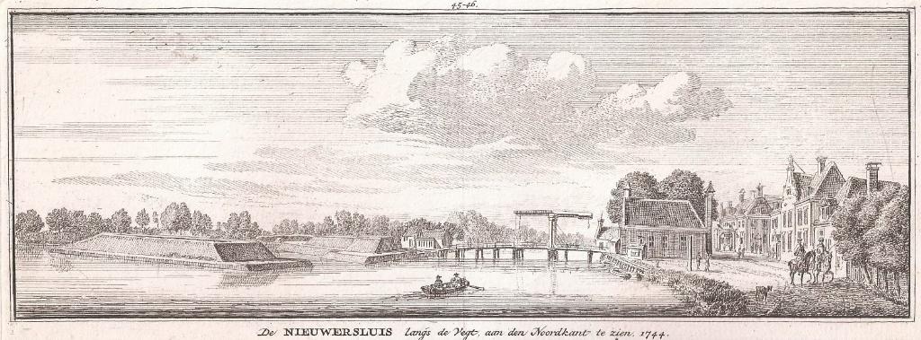 De Nieuwersluis langs de Vegt, aan de noordkant te zien 1744, Stadsgezicht, Ophalen of Verzenden, 7 cm, 20 cm