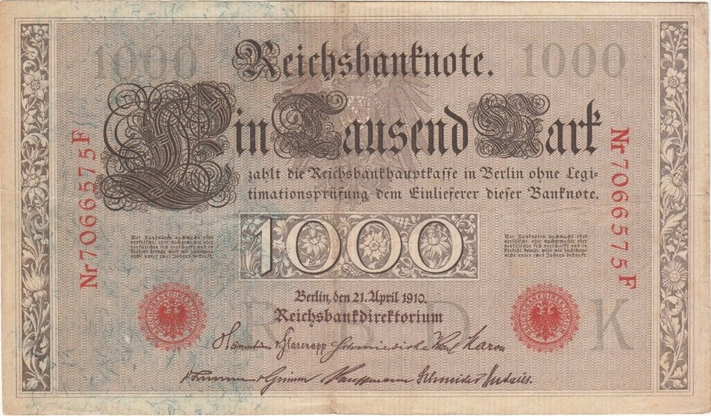 Duitsland bankbiljet 1000 Mark 21.4.1910, Pick 44b gebruikt, Ophalen of Verzenden, Duitsland, Los biljet