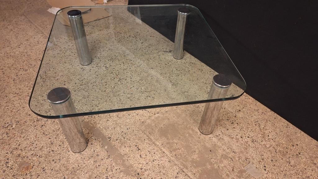 Moderne glazen salontafel met chromen poten, Gebruikt, 50 tot 100 cm, Vierkant, Glas