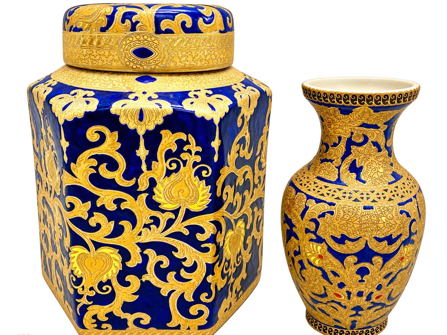 Kobaltblauwe Gemberpot & Vaas met Gouddecor, Ophalen of Verzenden