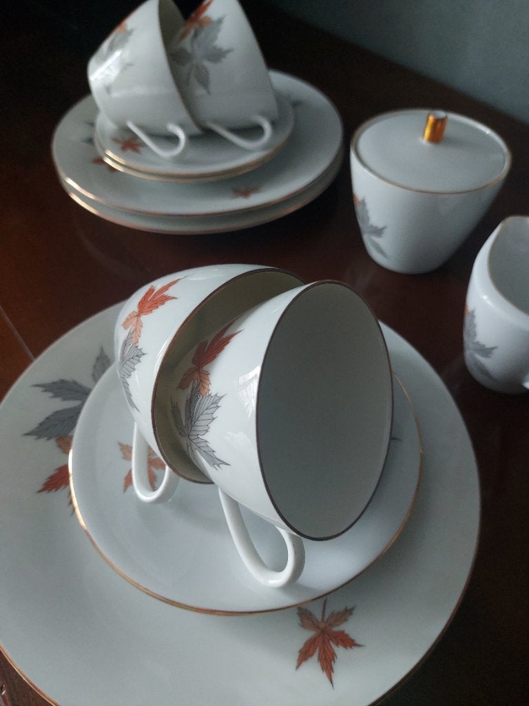 6 Persoons retro ontbijtservies met oranje &grijs bladmotief, Ophalen of Verzenden, Huis en Inrichting