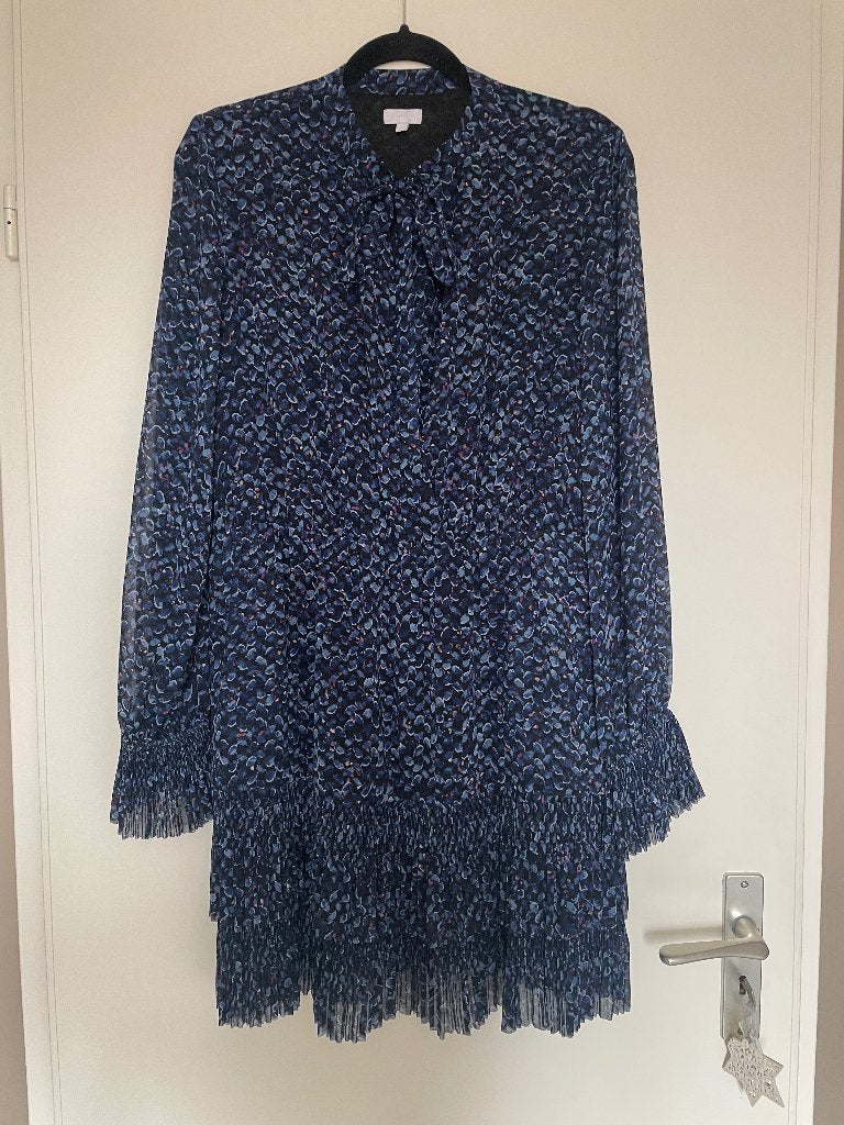 LALA Berlin blauw zwarte bloemen pliche jurk dress mt L, Blauw, Maat 42/44 (L), Ophalen of Verzenden, Zo goed als nieuw