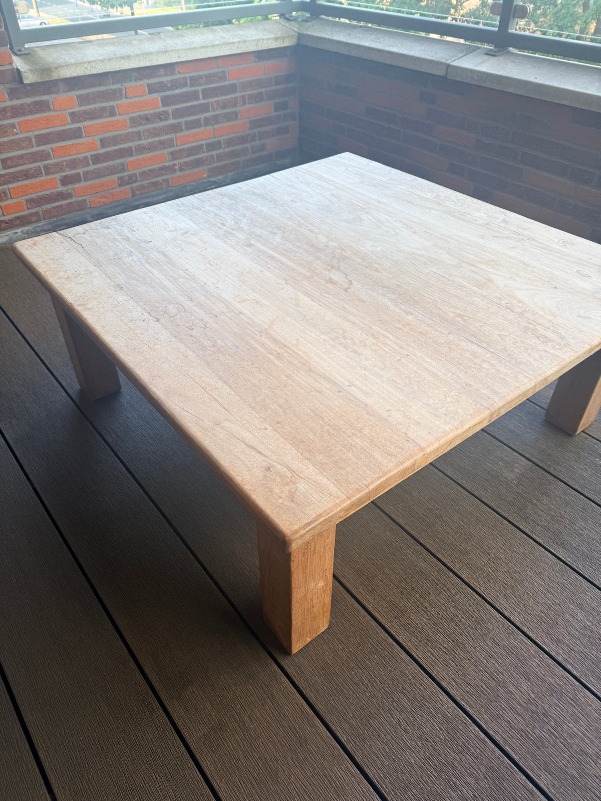 Massief teakhouten salontafel met lade (120x120 cm), Huis en Inrichting, Tafels | Salontafels, Ophalen, Gebruikt, 100 tot 150 cm