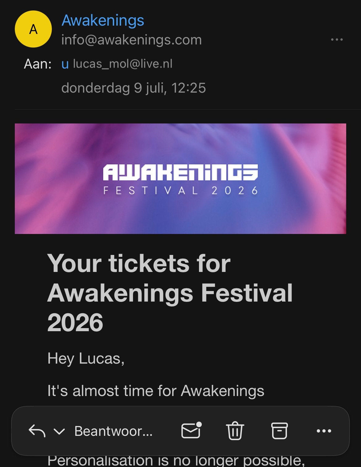 Ticket Awakenings Zaterdag 11 Juli, Tickets en Kaartjes, Concerten | Dance, Eén persoon, Juli