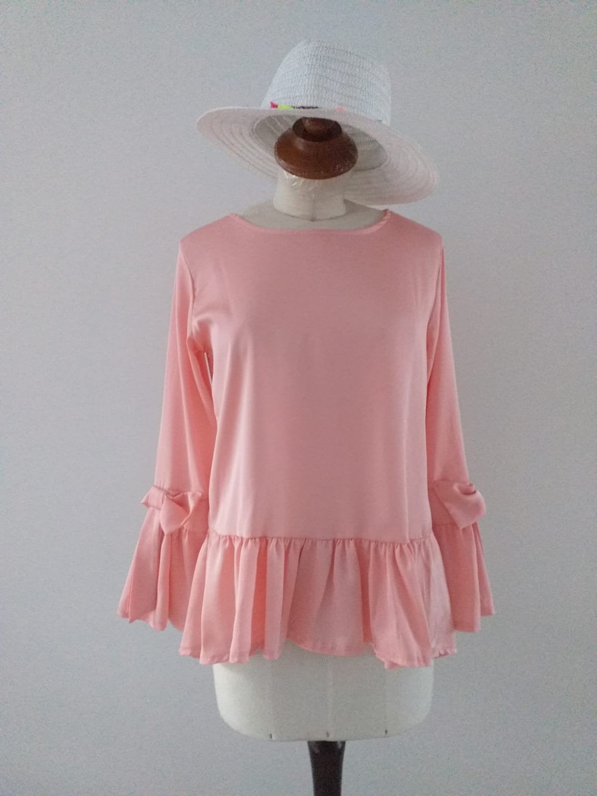 Roze Peplum Top met Strikdetails - Maat M, Maat 38/40 (M), Ophalen of Verzenden, Zo goed als nieuw, Lange mouw