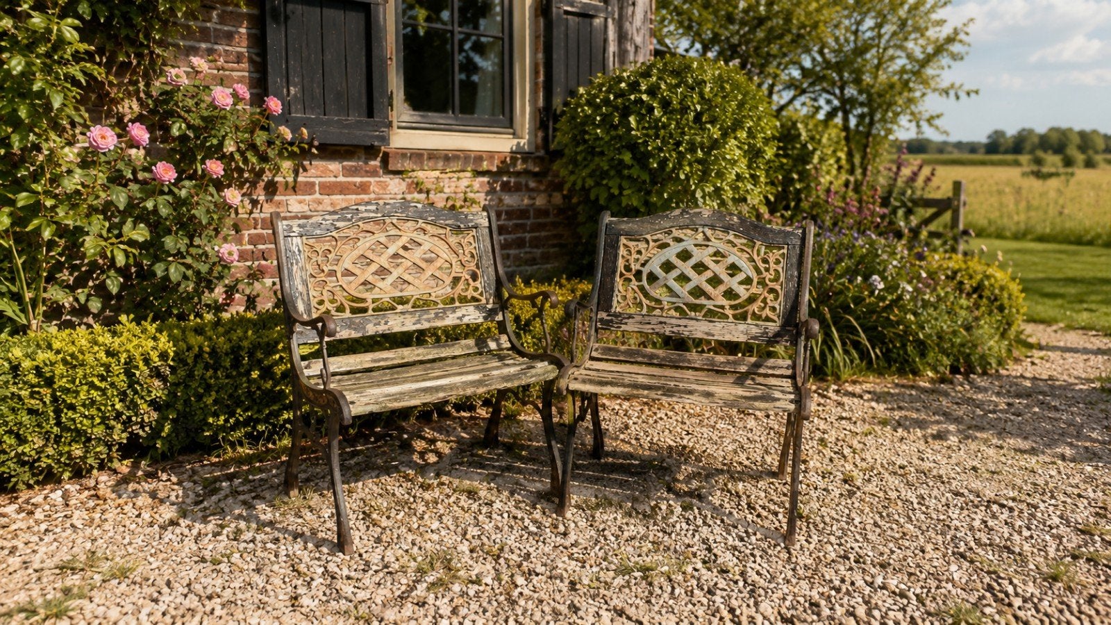 Set van 2 Vintage Tuinbankjes - Gietijzer & Hout, Ophalen of Verzenden