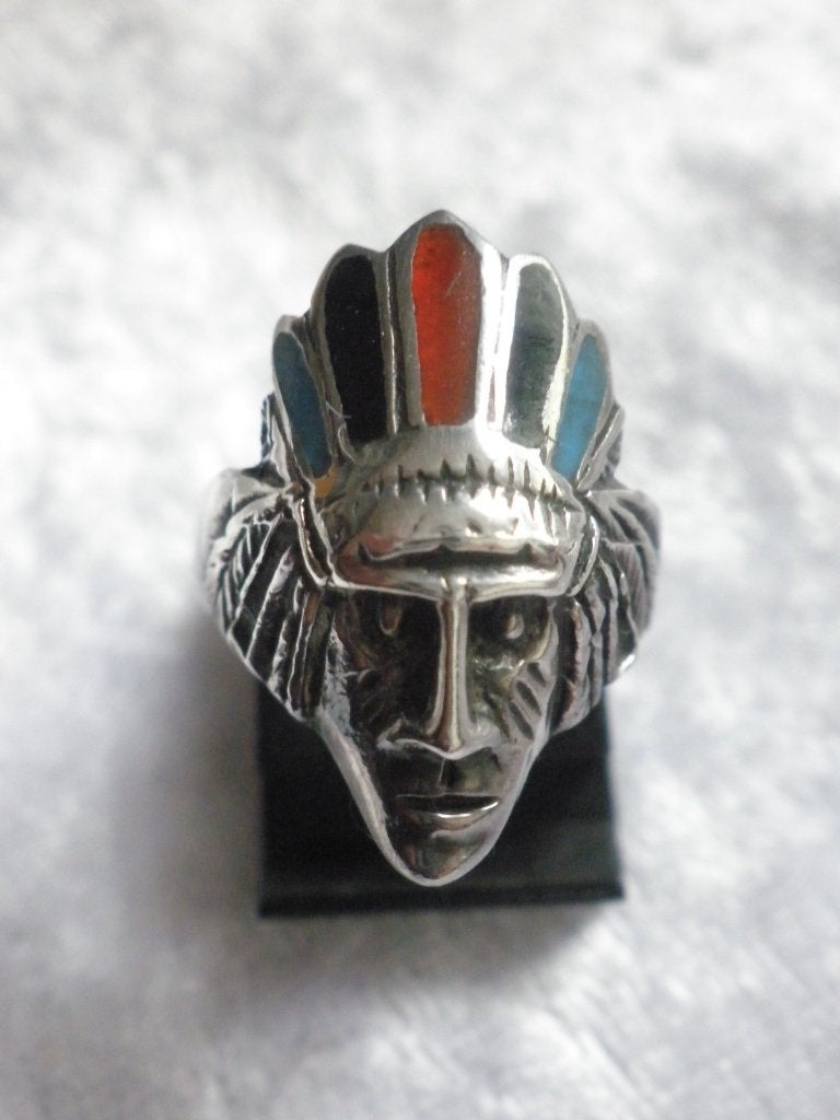 Mooie Zilveren Indianen Ring met Turkois - Koraal - Zwarte, Verzenden, Zilver, Ring, Met edelsteen