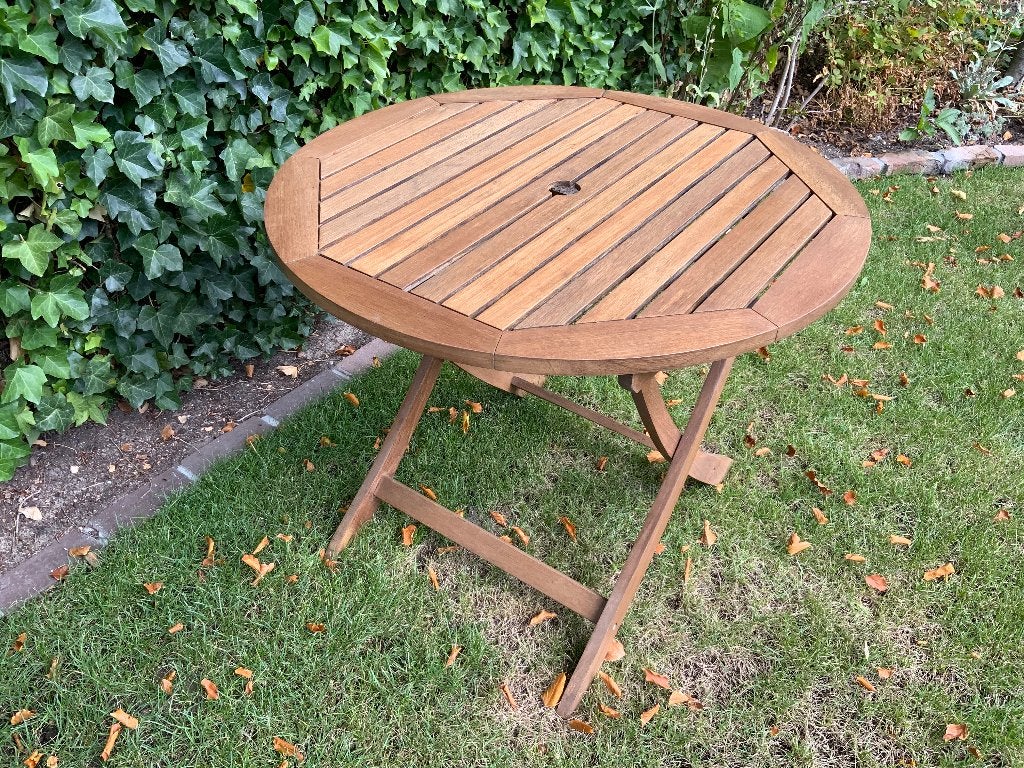 Prachtige ronde houten tuintafel (teak, 90cm), Tuin en Terras, Tuintafels, Ophalen, Zo goed als nieuw, Rond, Teakhout