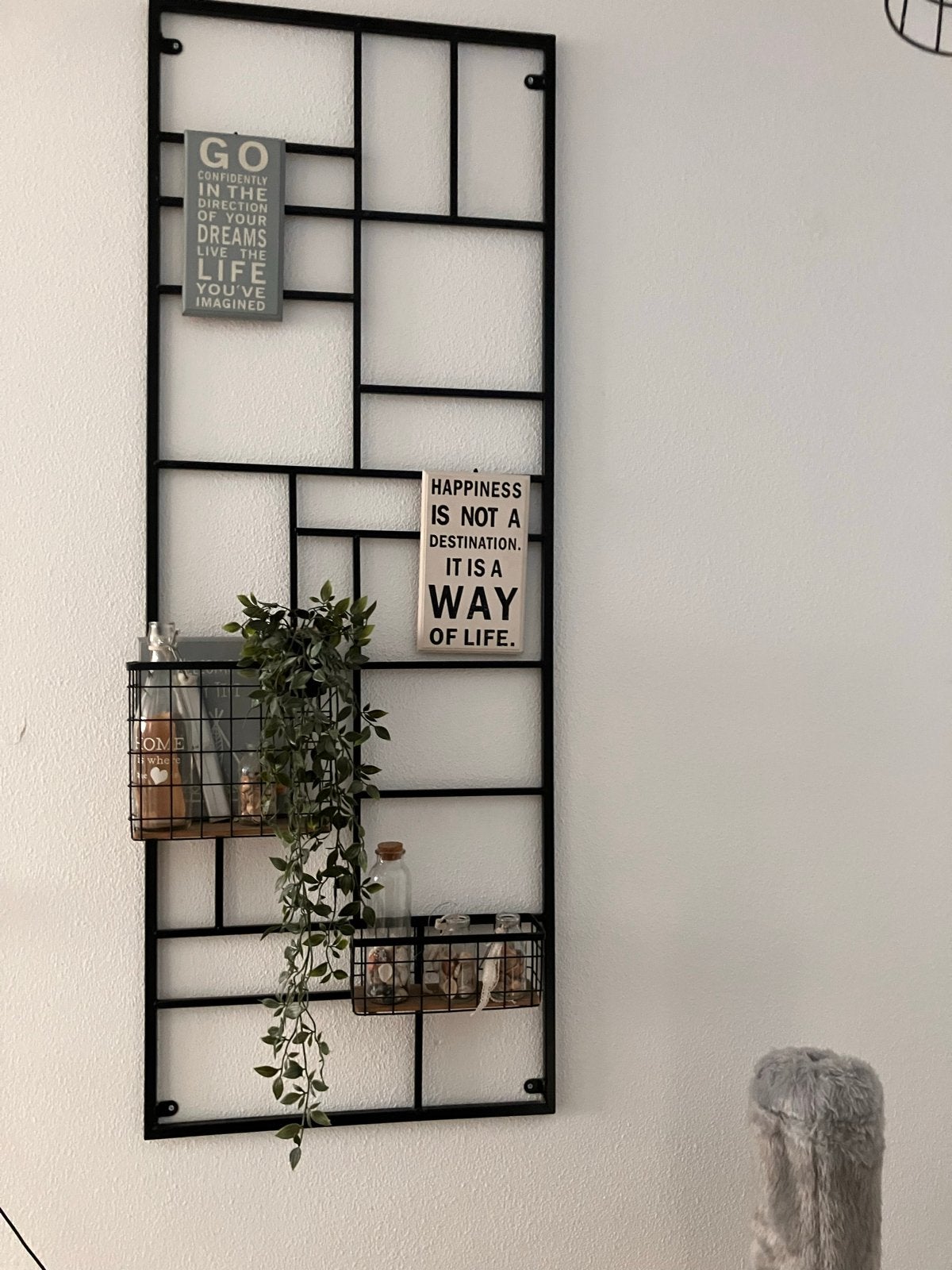 Zwart metalen wandrek met mandjes en decoratie, Ophalen, Metaal, Industrieel, Zwart