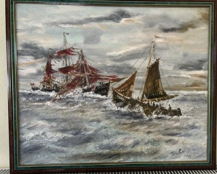kompas en roer  op de zeil   Jac Caljouw  schilderijen, Maritiem / water, Doek, Ophalen of Verzenden, Olieverf