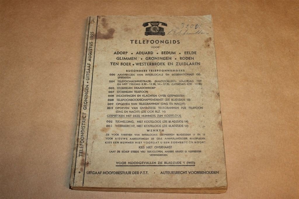 Telefoongids Groningen 1955 — PTT, Bedum Roden Zuidlaren, Ophalen of Verzenden, Gelezen