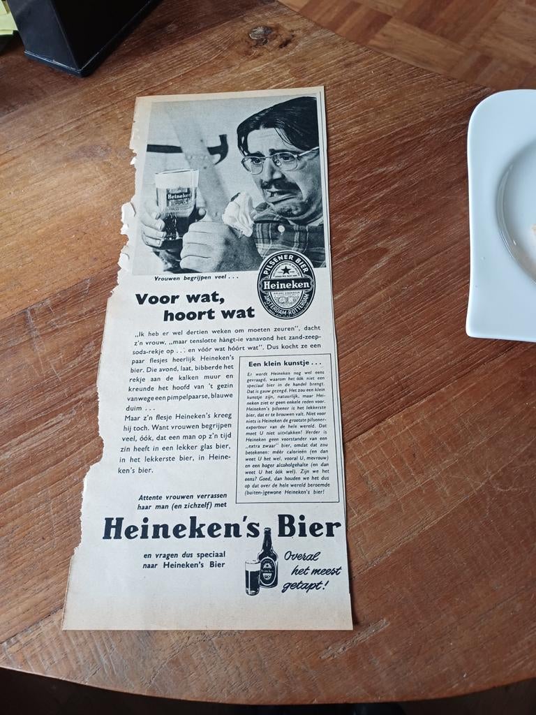 Advertentie van Heineken bier voor wat hoort wat 1956, Ophalen of Verzenden, Viltje(s), Heineken