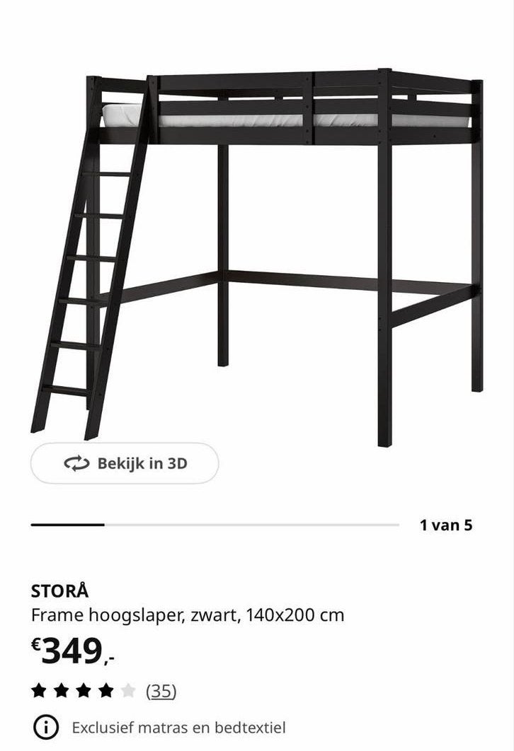 IKEA Stora hoogslaper zwart 140x200 cm, Huis en Inrichting, Slaapkamer | Bedden, Ophalen, Gebruikt, Zwart, Tweepersoons