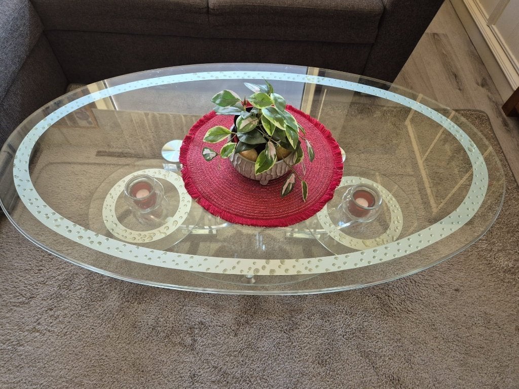 ovale glazen salontafel, Ophalen, 100 tot 150 cm, 50 tot 100 cm, Modern