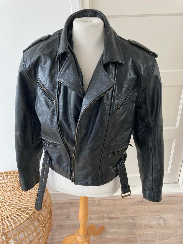 Vintage Zwart Leren Bikerjack - Maat L, Ophalen, Gedragen