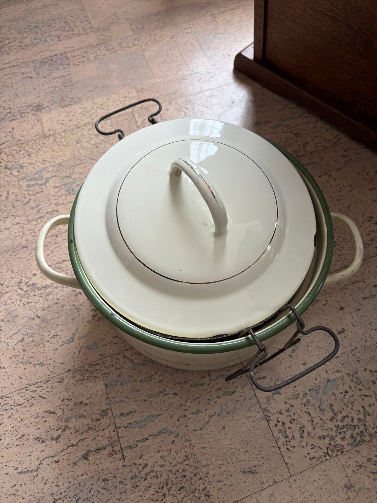 Vintage Emaille Frituurpan met Mand - Crème/Groen, Antiek en Kunst, Ophalen