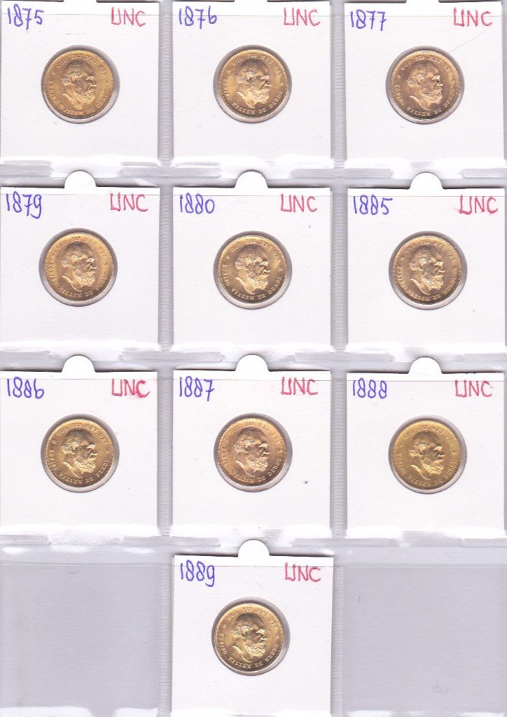 Mooie compl. serie gouden tientjes 1875 / 1889 Willem 3 UNC, Ophalen of Verzenden, Koning Willem III, 10 gulden, Goud