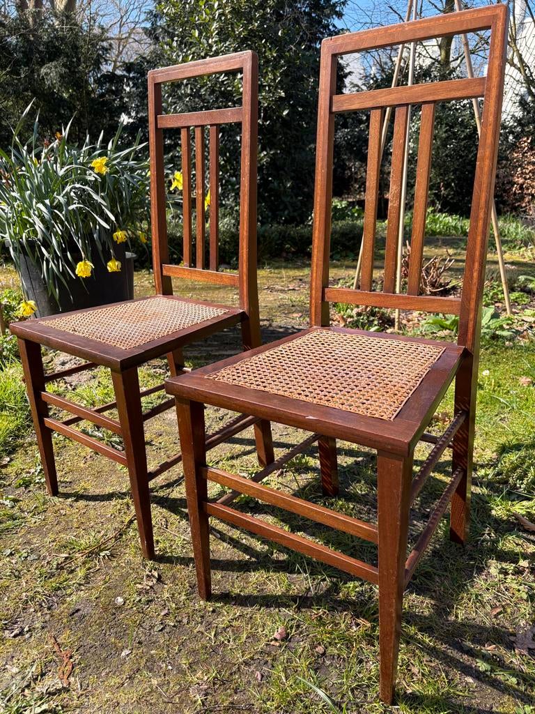 Set van twee Edwardiaanse houten stoelen met rieten zitting, Ophalen