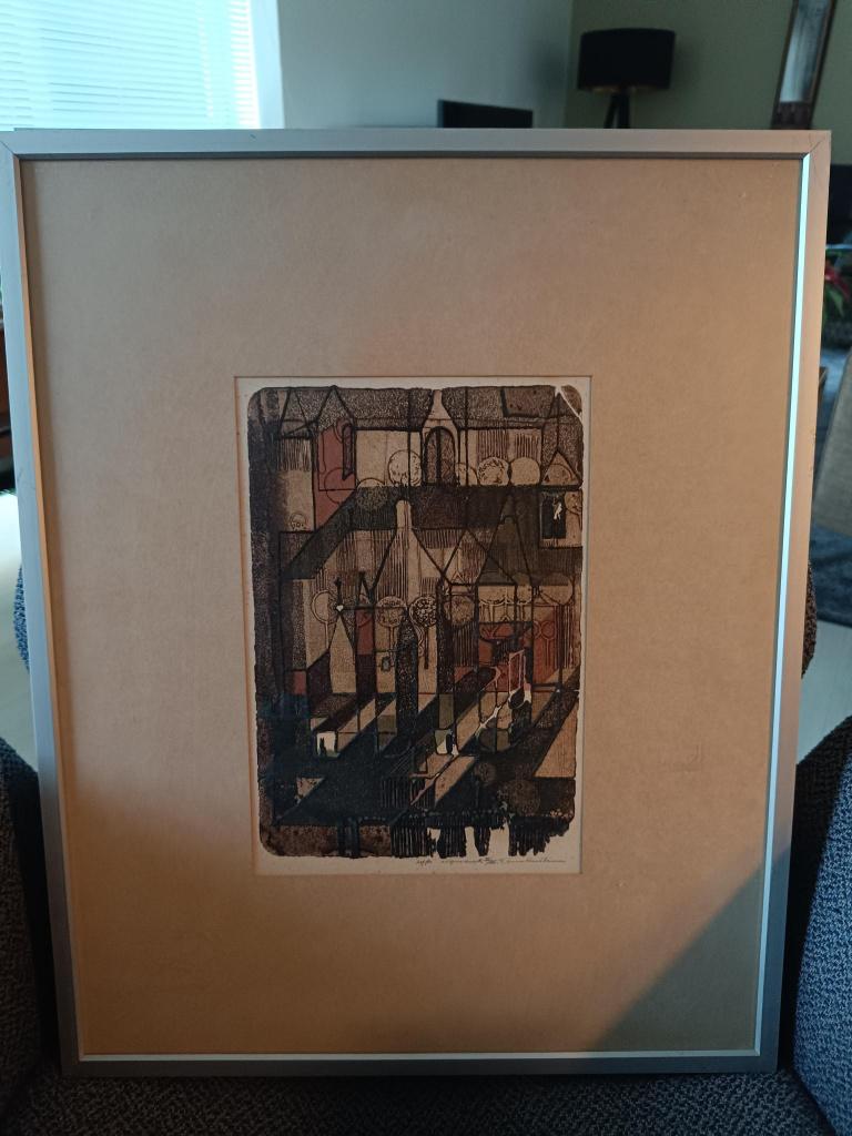 Ets "hofje" van Anne Huitema, 26 cm, Ingelijst, Ets, Stadsgezicht