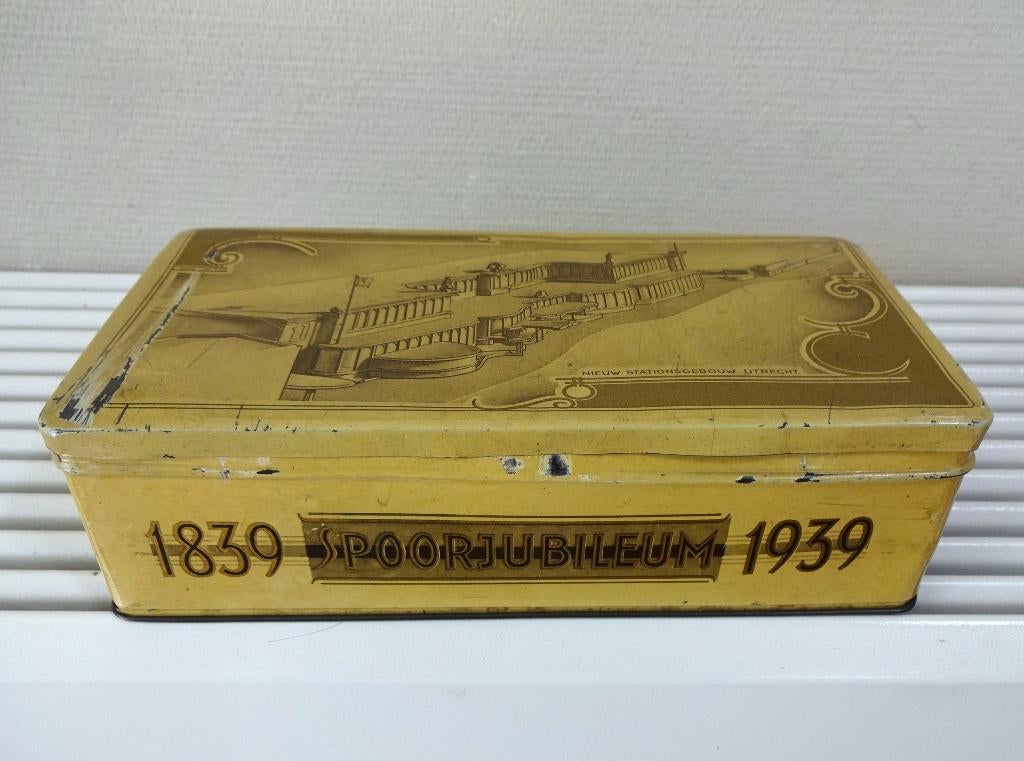 Sigarenblik: Spoorjubileum 1839-1939. Station Utrecht, Ophalen of Verzenden, Gebruikt, Trein, Overige typen