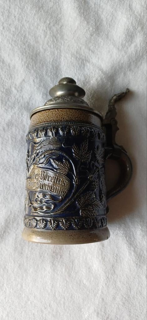 Vintage Duitse Bierpul met Reliëf en Tin Deksel, Antiek en Kunst, Antiek | Keramiek en Aardewerk, Ophalen of Verzenden