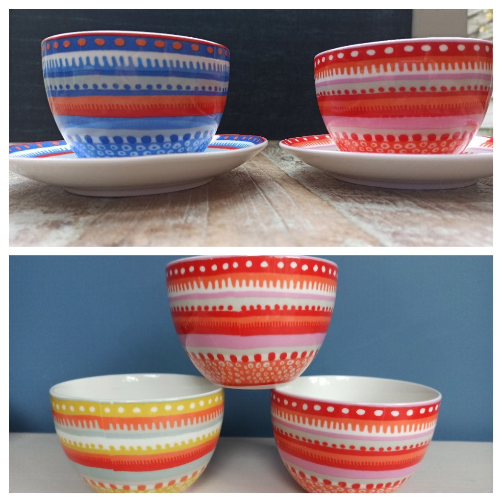 Oilily servies (tweede uitvoering) 5 koppen en 2 schotels, Ophalen, Overige typen, Zo goed als nieuw, Overige stijlen