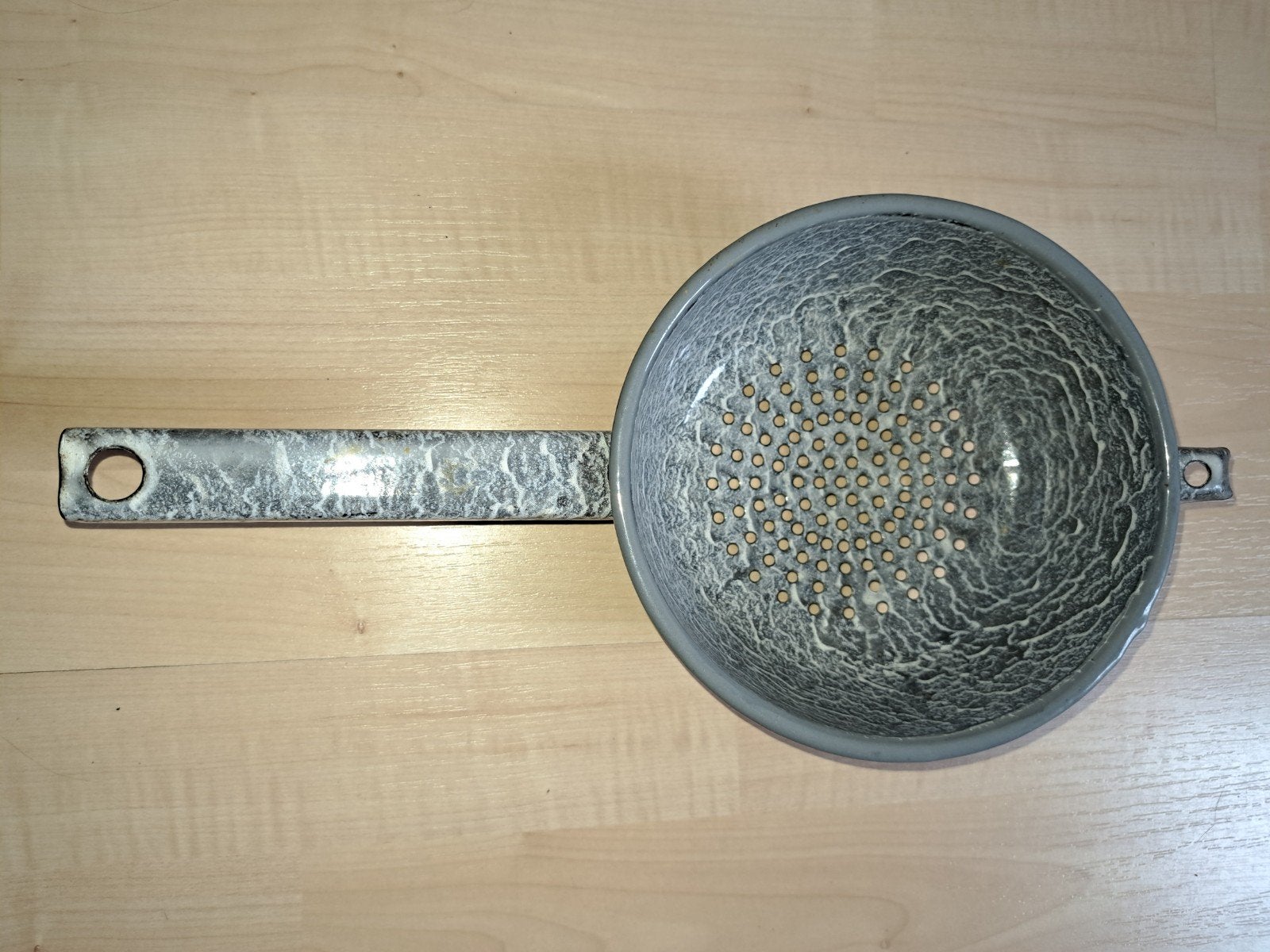 Blauw gewolkt emaille vergietje., Ophalen of Verzenden