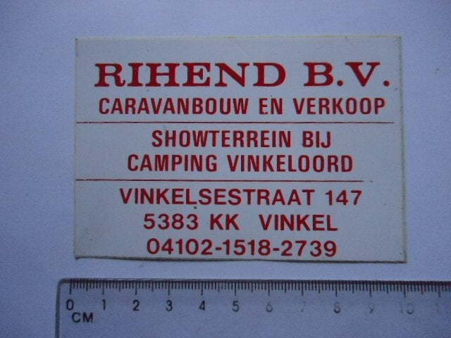 sticker oud RIHEND Vinkel den bosch caravan Vinkeloord camp, Verzenden, Zo goed als nieuw, Bedrijf of Vereniging