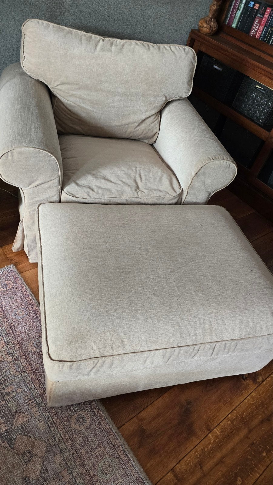 IKEA Ektorp fauteuil en Kivik poef, Huis en Inrichting, Ophalen, Modern, Comfortabel, Gebruikt, 75 tot 100 cm