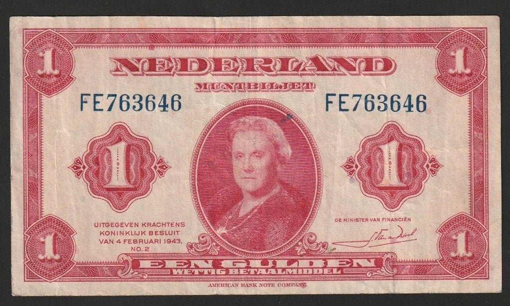 1 gld 1943 FE 763646 (wilhelmina) aardig mooi exemplaar, Ophalen of Verzenden