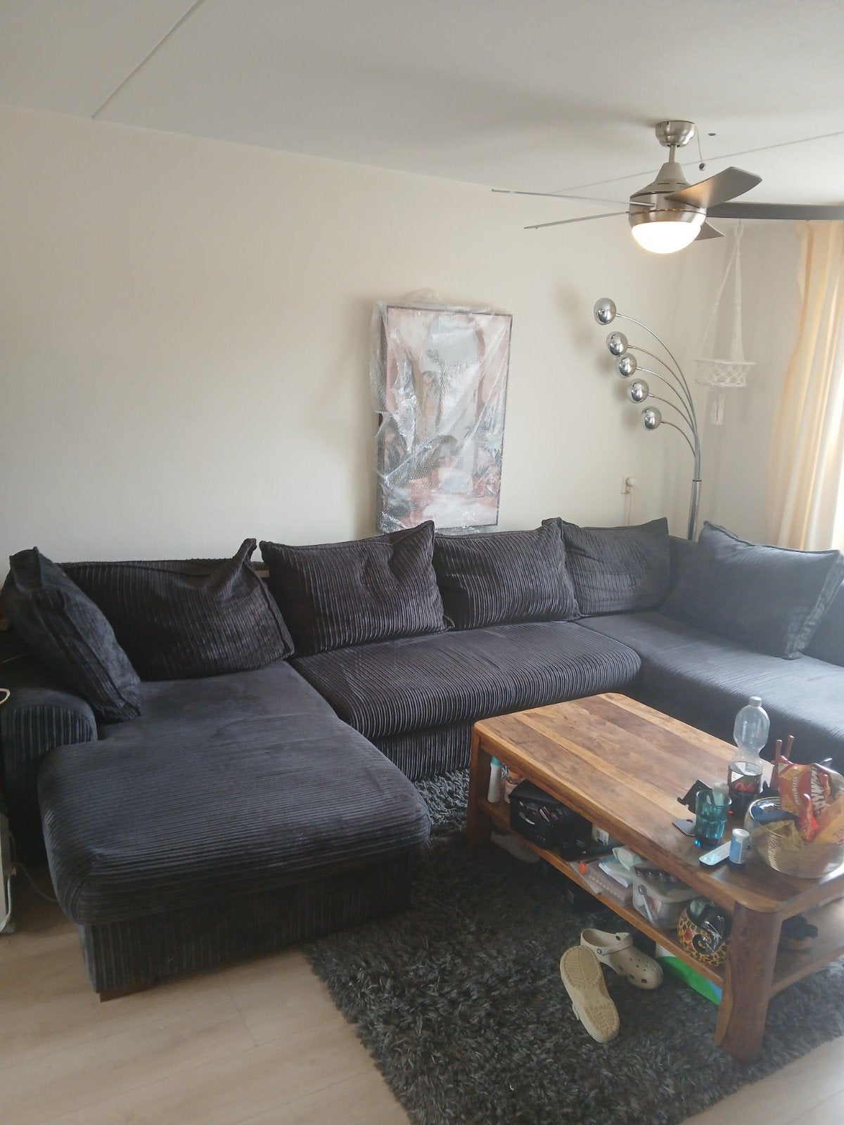 Grote U-vormige hoekbank - Donkergrijs ribstof, Ophalen, Modern, Comfortabel, Gebruikt, Hoekbank