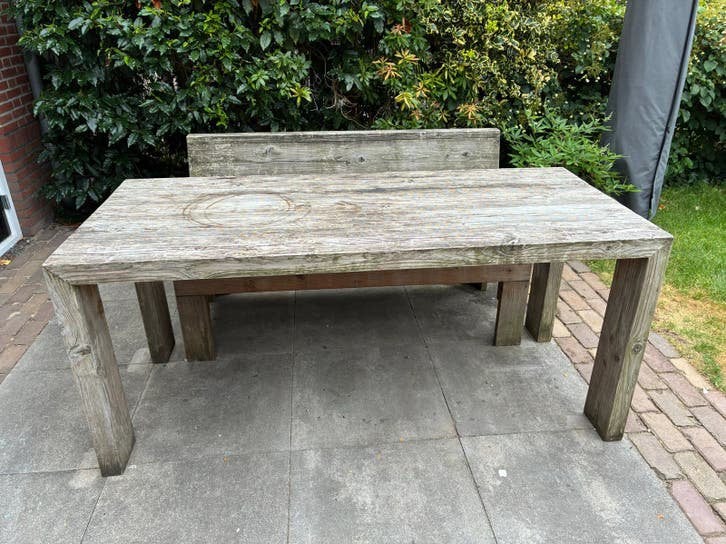 Robuuste houten tuintafel (180x80cm) met tuinbank, Ophalen, Gebruikt, Rechthoekig, Hout