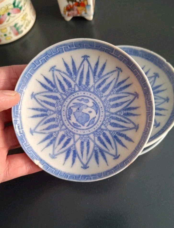 Set van 4 antieke Chinese blauw-witte schoteltjes, Antiek en Kunst, Ophalen of Verzenden