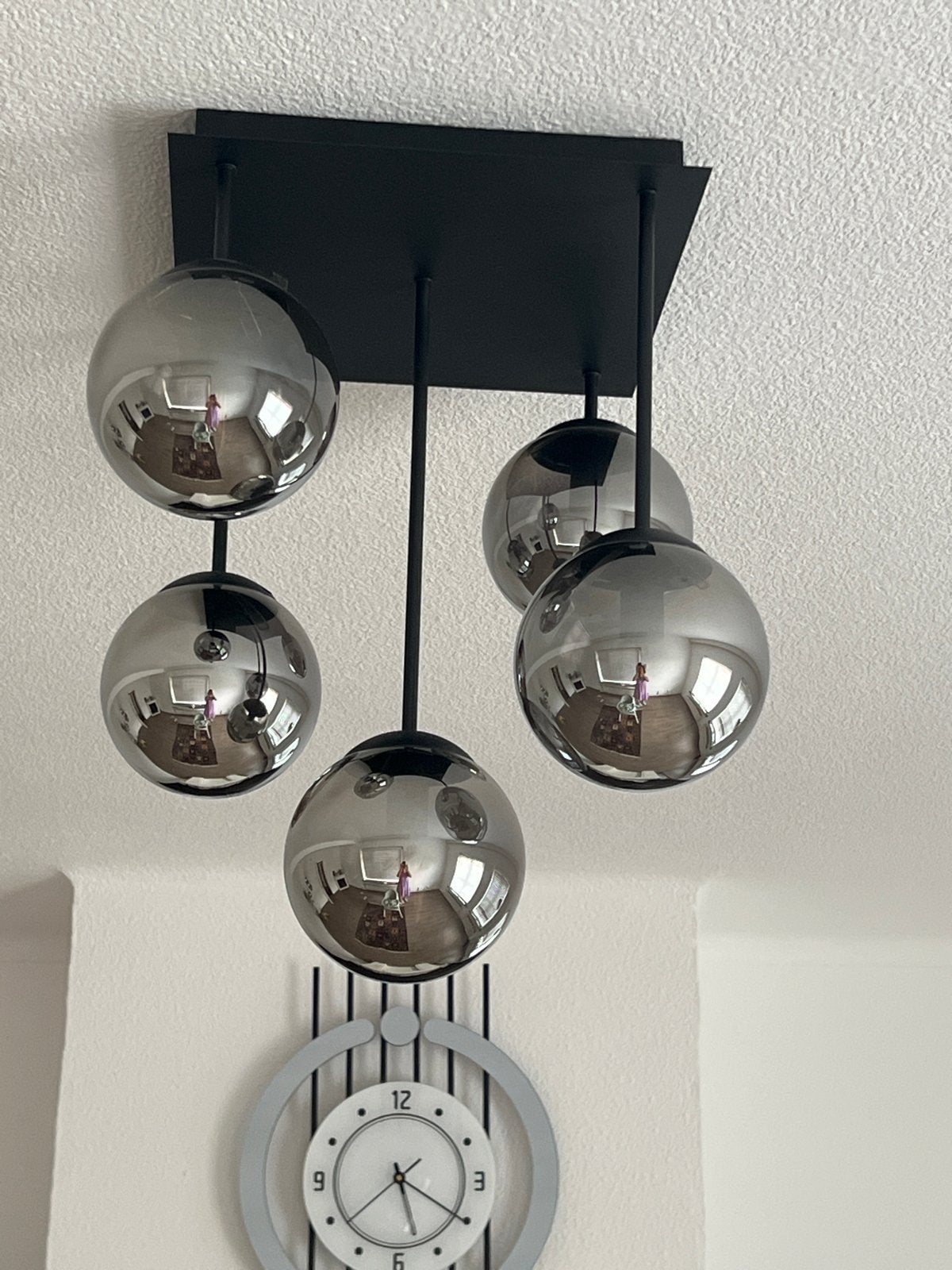 Moderne hanglamp met 5 glazen bollen, Ophalen, 100 tot 150 cm, 50 tot 100 cm, Minder dan 25 cm