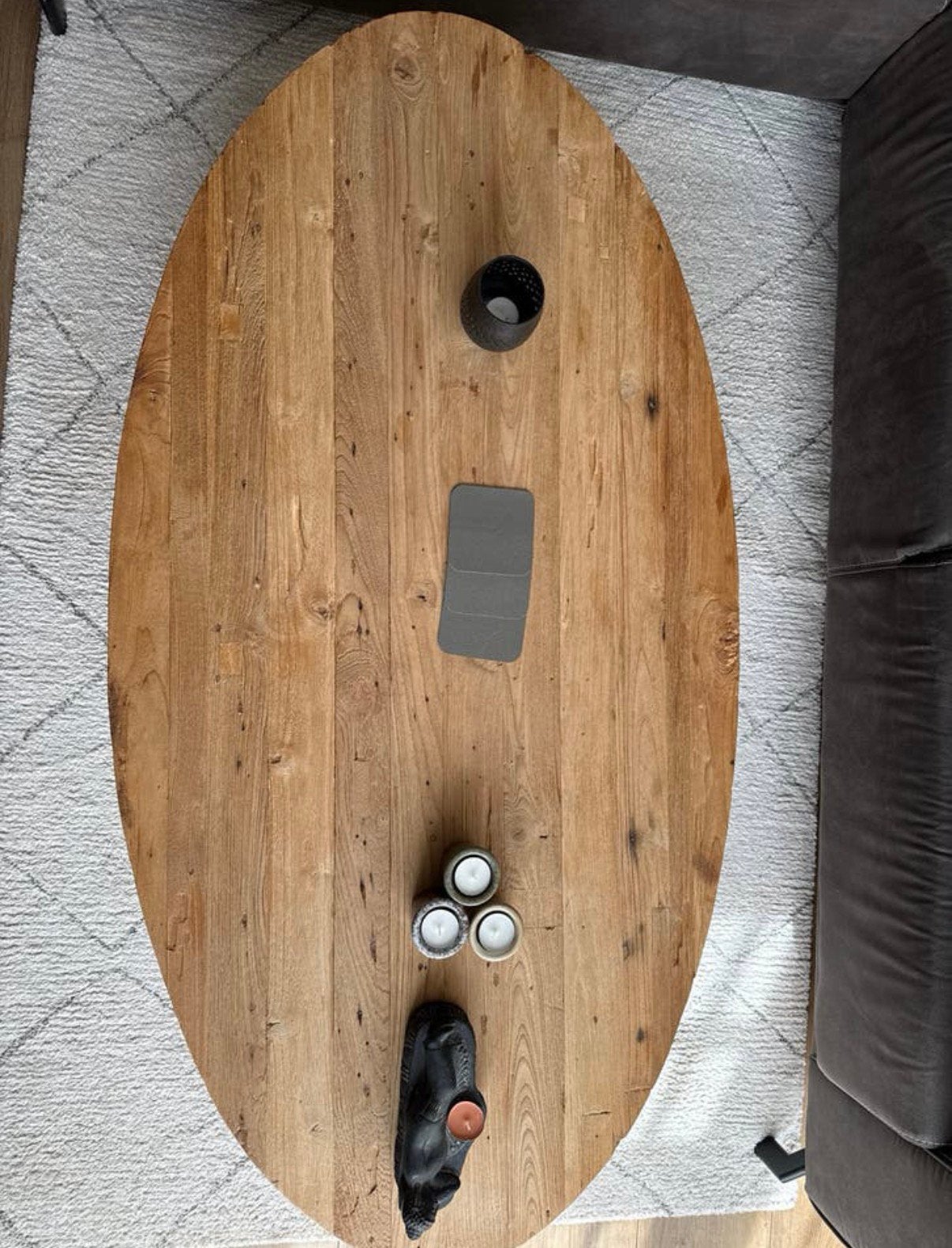 Ovale Salontafel Massief mangohout met Zwart Metalen Onderst, Ophalen, 50 tot 75 cm, Eikenhout, 50 tot 100 cm