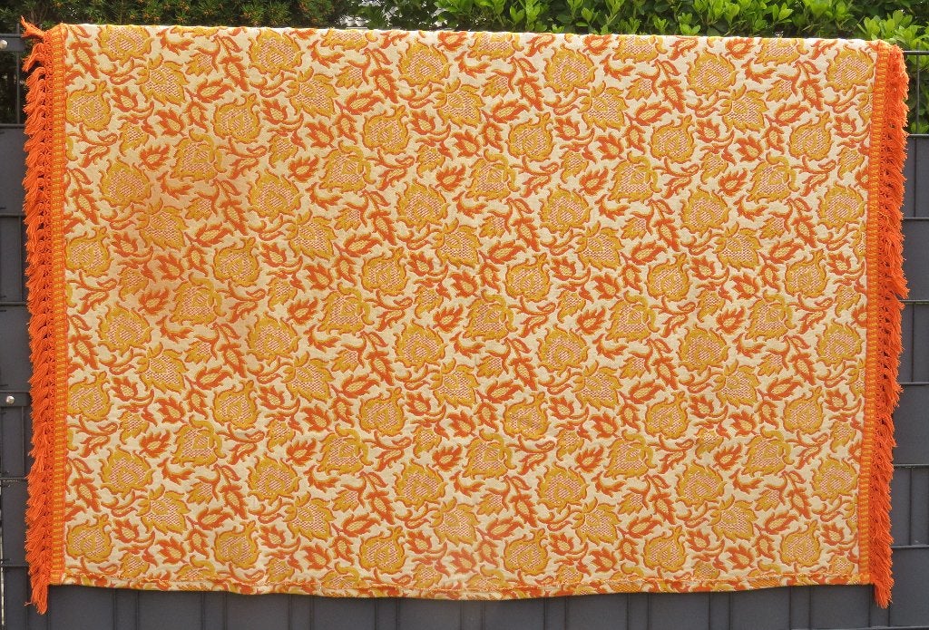 Vintage oranje gele Spaanse eenpersoons sprei met franjes, Gebruikt, Eenpersoons, Oranje, Ophalen of Verzenden