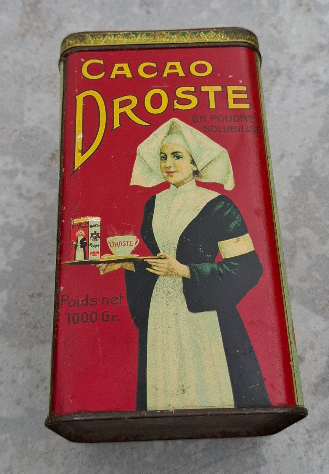 antieke Droste cacao blikken doos van 1000 gram, Ophalen of Verzenden, Gebruikt, Overige, Droste