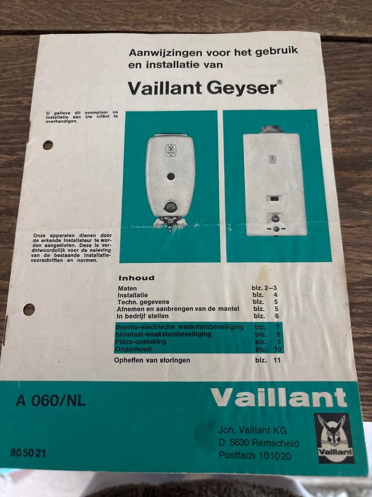 Vaillant Geyser Gebruiksaanwijzing A 060/NL, Ophalen of Verzenden