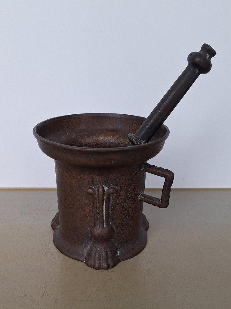 oude antieke vijzel mortier ca. 14x14,5cm stamper l= 25cm, Ophalen of Verzenden